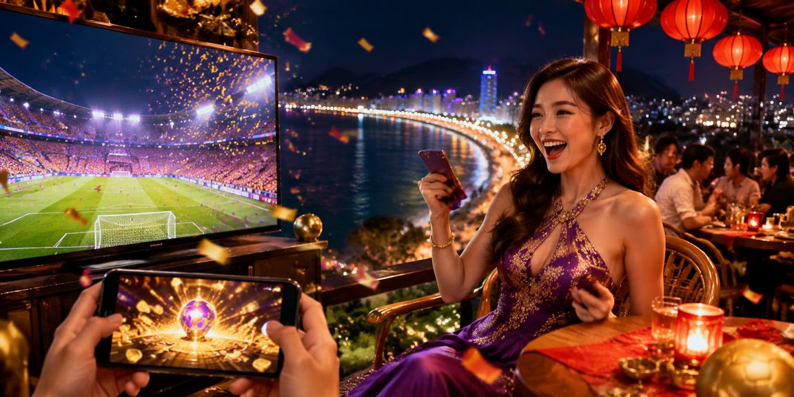 Cảnh chợ đêm Quy Nhơn với người dùng theo dõi kết quả cá cược thể thao trên điện thoại